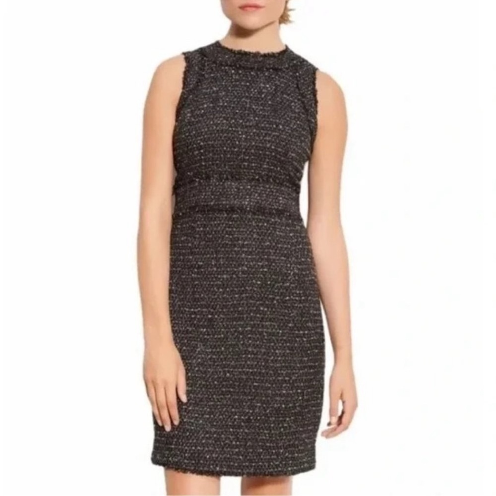 Michael Kors Black White Tweed Fringe Trim Sheath Dress